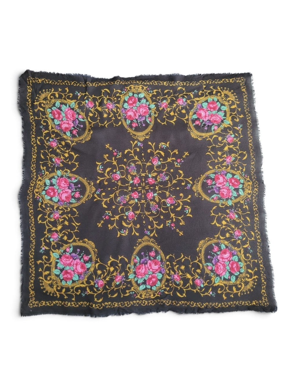 Vintage Russian Babushka Floral Square Scarf Black with Pink Roses